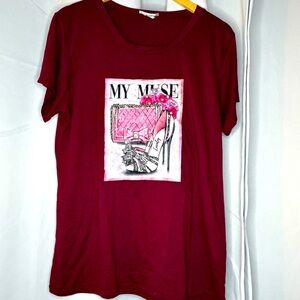 VTG Davida usa short sleeve burgundy rhinestone studded graphic tee‎ SZ Small